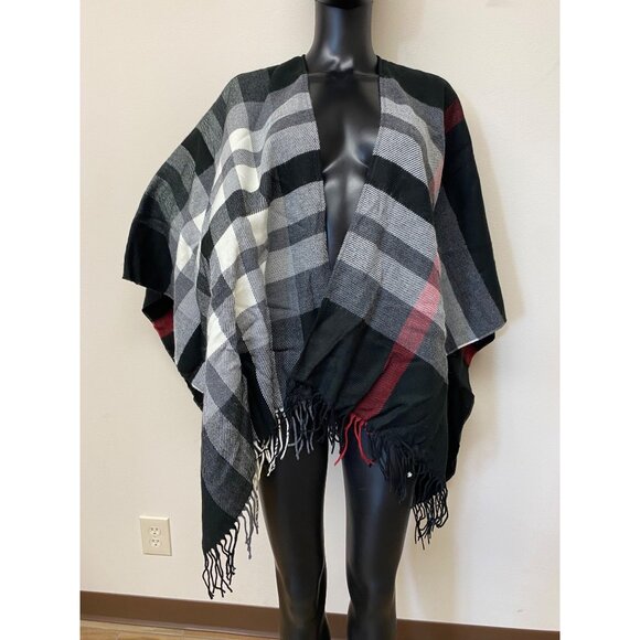 Fraas Sweaters - Fraas Women's Black Fraas Plaid Cape Sweater with Fringe Trim Size One Size NWT